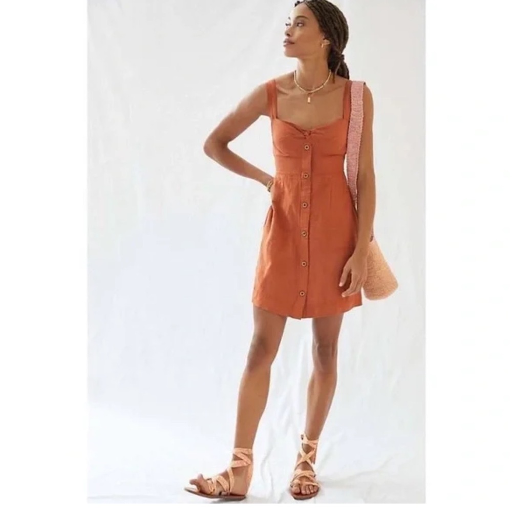 Maeve Anthropologie Twist Front Linen Mini Dress Brown Rust (Small)